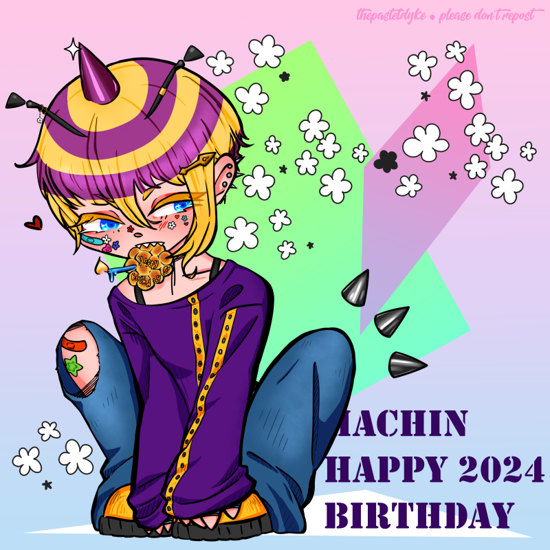 Hachin crouching, hands resting on his shoes. He's got a honeycomb bread in his mouth, a lit candle dangling off it. There is 'happy birthday' written in honey on the bread. He's wearing oversized jeans that are ripped on the right knee and a purple shirt with a yellow stripe on the chest and left sleeve with eyelets along the stripe. Text in the lower right reads 'Hachin Happy 2024 birthday'.